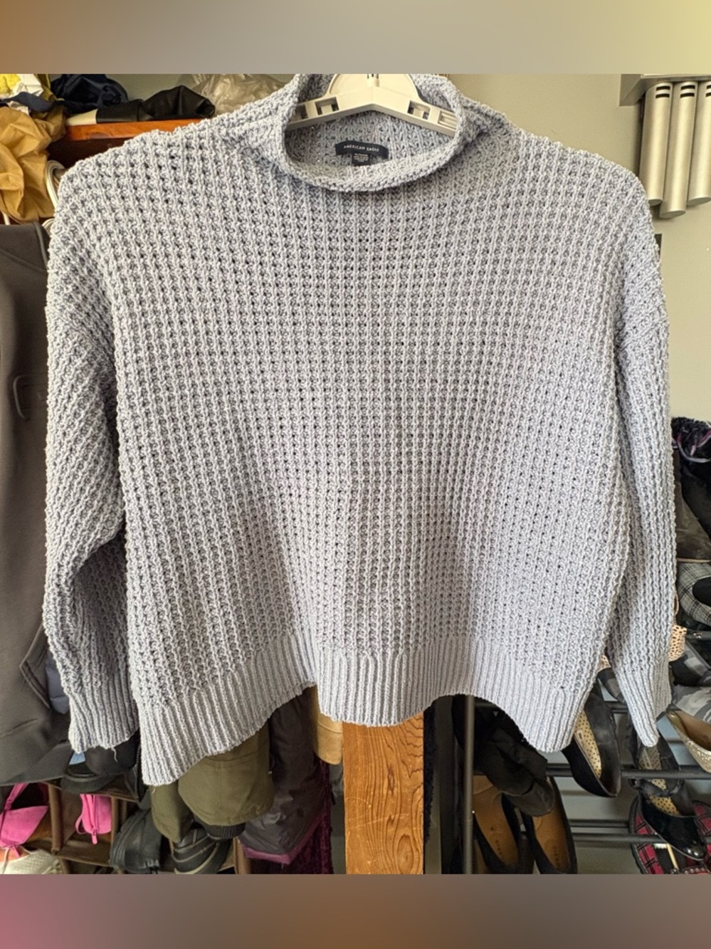 American Eagle Outfitters Light Gray Waffle Knit Turtleneck Sweater
